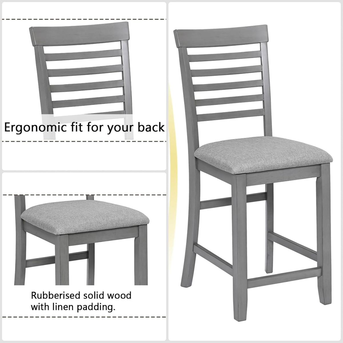 Dining Table Set for 4, Modern 5 Piece Dining Room Table Set with Square Table & 4 Ladder Backrest Upholstered Chairs, Counter Height Kitchen Chairs Set for Small Space, Gray