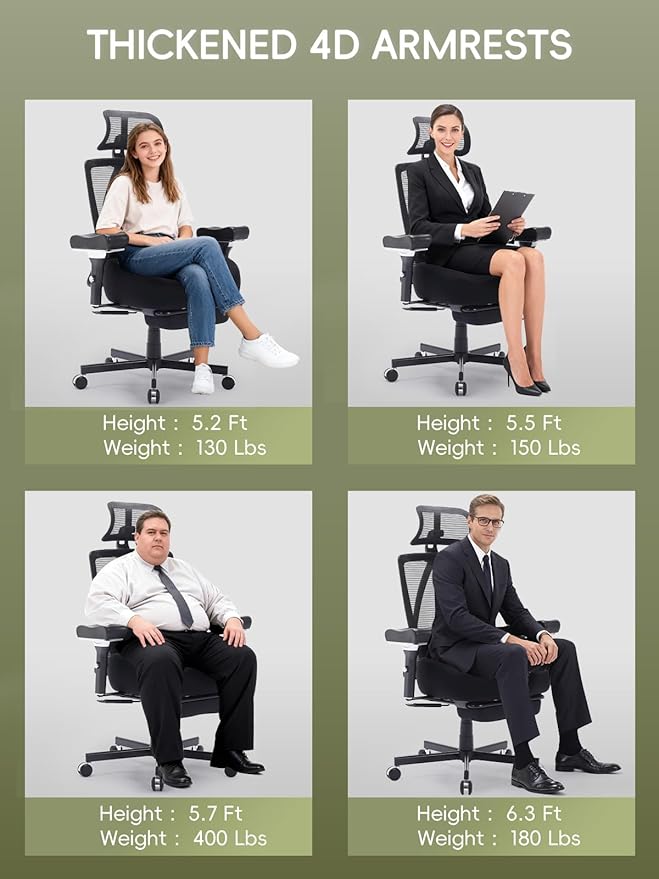 Office Chair 500lbs, Ergonomic Desk Chair with W Thick Cushion & 4D Armrest, Executive Mesh Desk Chair with Adjustable Lumbar, 2D Headrest, Footrest, Swivel Task Chairs for Home Office Gaming, Black