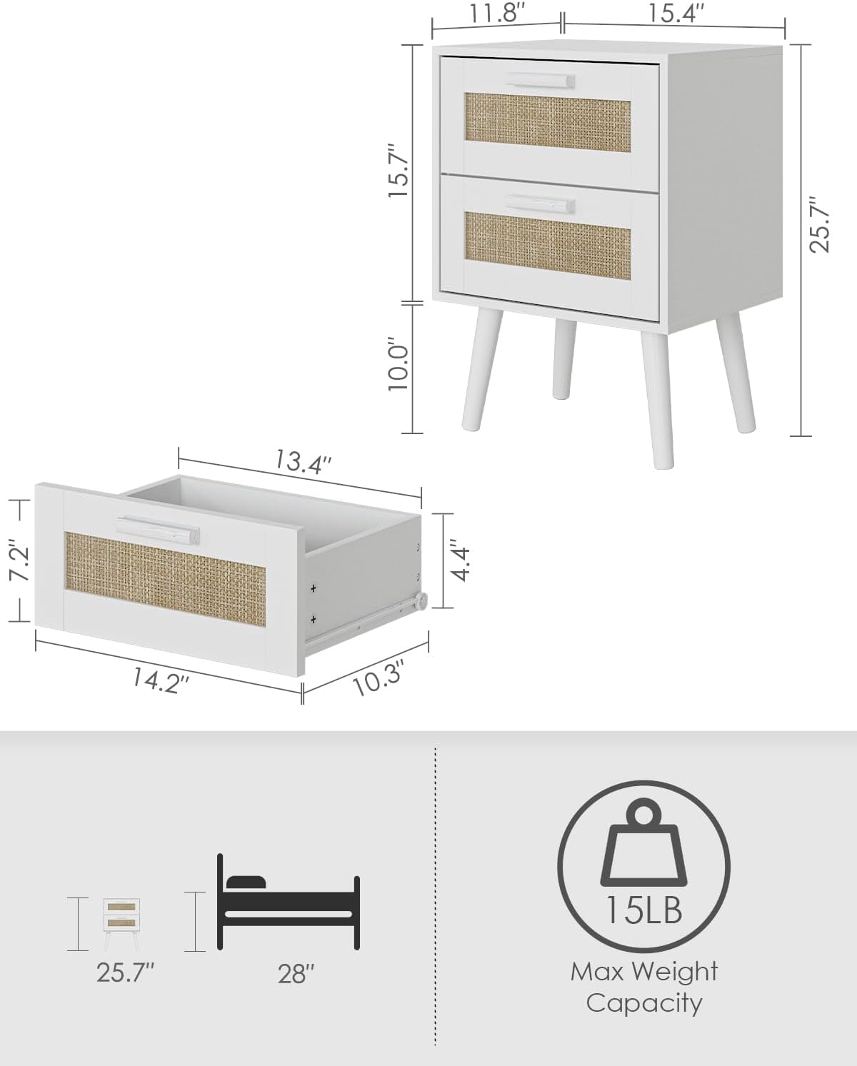 Masupu Rattan Night Stand, Modern nightstand Boho Bedside Table with 2 Drawer, Small End Side Table for Bedroom,Living Room,Office,White
