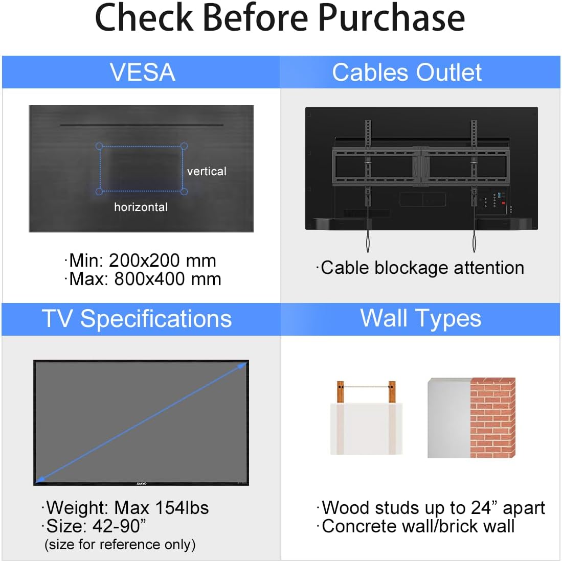 Suptek Tilt TV Wall Mount Bracket for Most 42-90 inch TV, Universal Mount with Max 800x400mm VESA and 154lbs Loading Capacity, Fits Studs 16” 18“ 24" Apart, Low Profile with Bubble Level (MT5084)