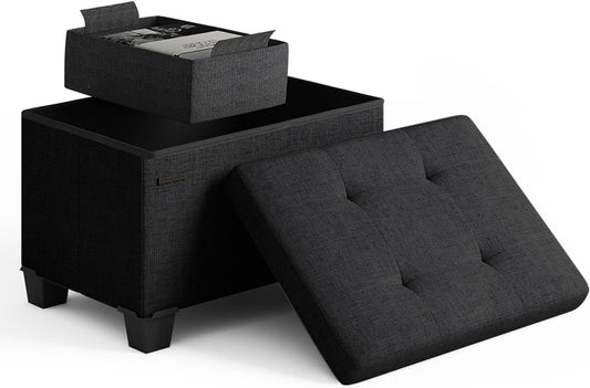 STORAGEBUD Storage Ottoman Cube with Small Bin, 16-in Square Ottoman with Storage for Living Room and Bedroom, Small Ottomans Foot Rest, Fabric Foot Stools Ottomans Max 330lbs, Black