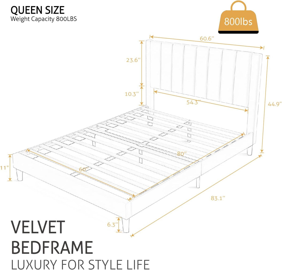 SHA CERLIN Queen Bed Frame/Velvet Upholstered Platform Bed Frame with Headboard/Strong Wood Slats Support/Mattress Foundation/No Box Spring Needed/Easy Assembly/White
