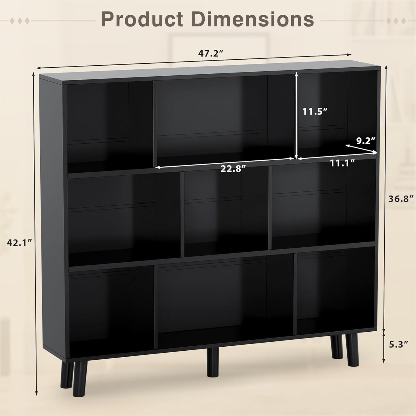 YESHOMY 9 Black Cube Bookcase, Open Frame 3-Tier Book Shelf, Bookshelf Storage Organizer with Feet & Anti-Tilt Device for Organization, Room Decor