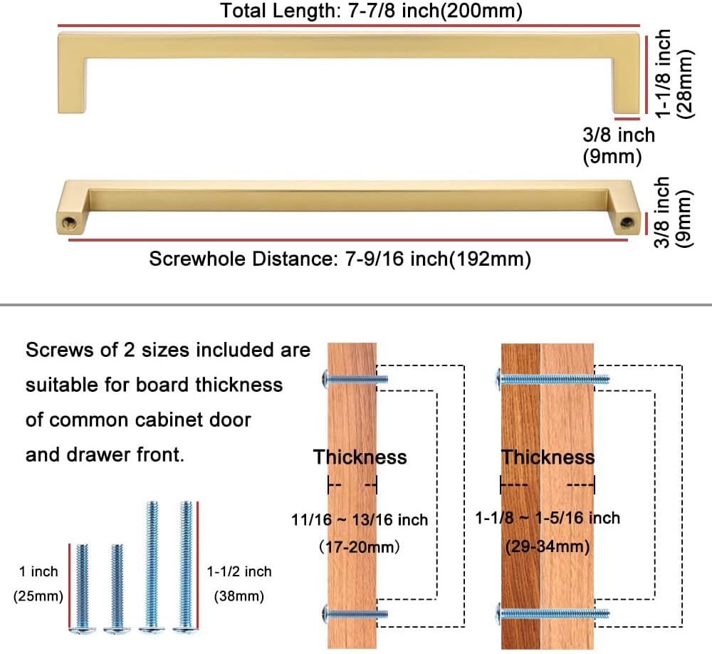 KOOFIZO Solid Square Bar Cabinet Handle - Brushed Gold Furniture Pull, 7.6 Inch/192mm Screwhole Distance, 1-Piece for Kitchen Cupboard Door, Bedroom Dresser Drawer, Bathroom Wardrobe Hardware