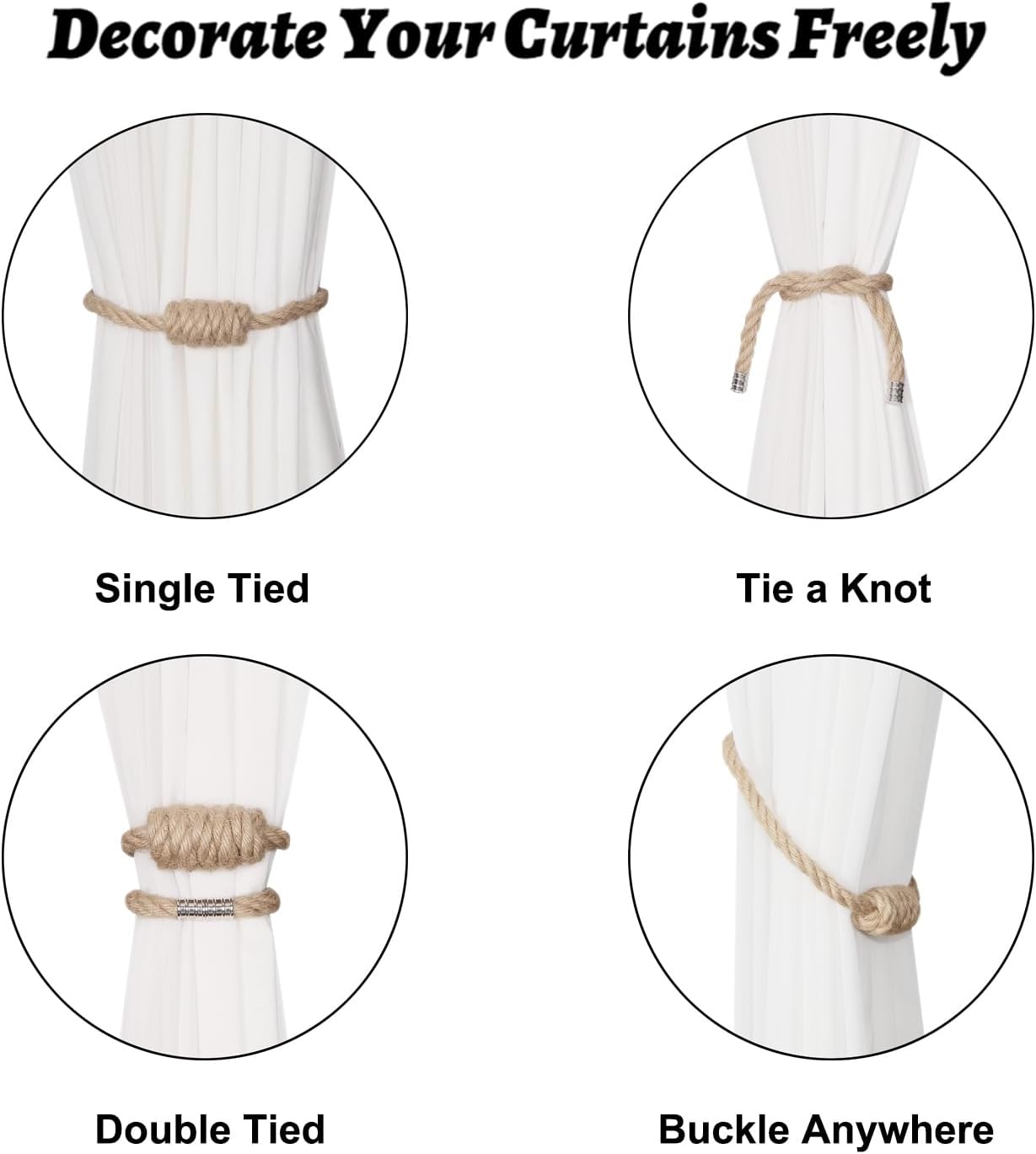 BEL AVENIR Magnetic Jute Curtain Tiebacks, Decorative Drapery Holdbacks Bohemian Style Woven Tie-Backs with Exquisite Knot (Jute, 6 Pack)