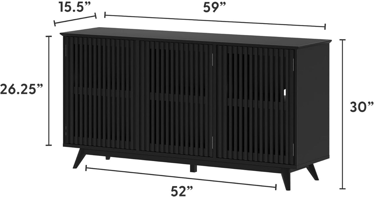 Plank+Beam Mid-Century Modern Wood TV Stand, Three Door Solid Wood Entertainment Console with Storage, 59" L x 16" W x 30" H, Black