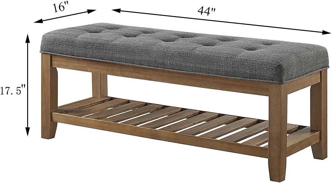 24KF Large Rectangular Upholstered Tufted Linen Fabric Ottoman Bench, Padded Bench with Solid Wood Shelf-Granite