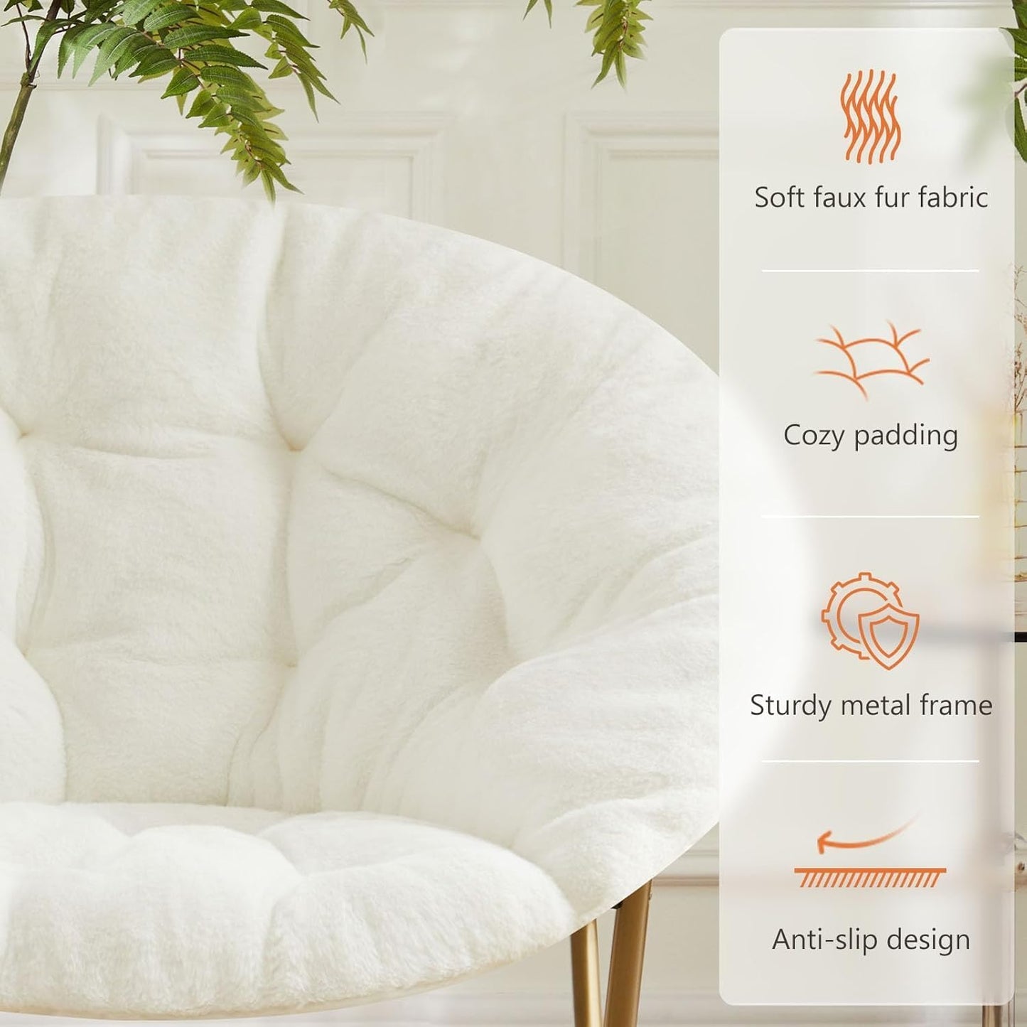 Saucer Chair Faux Fur with Soft and Thick Padded Seat Metal Frame, Modern Style Folding Cozy Chair for Living Room, Bedroom, XL, White