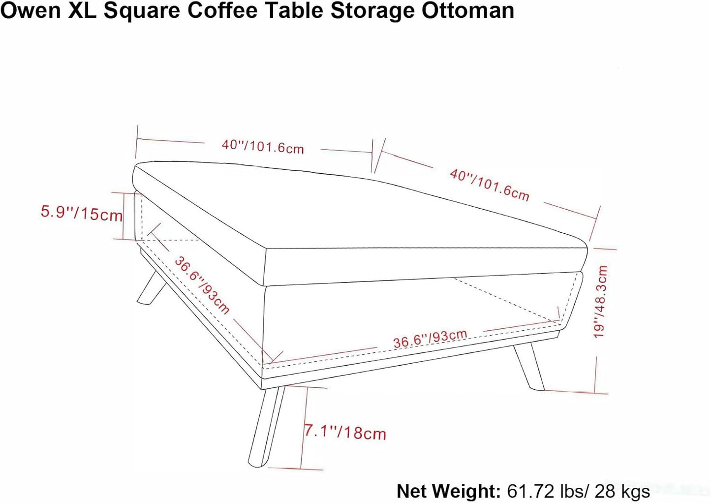 SIMPLIHOME Owen 40 inch Wide Mid Century Modern Square XL Coffee Table Storage Ottoman in Slate Grey Polyester Fabric, Assembled, for The Living Room, Entryway and Family Room
