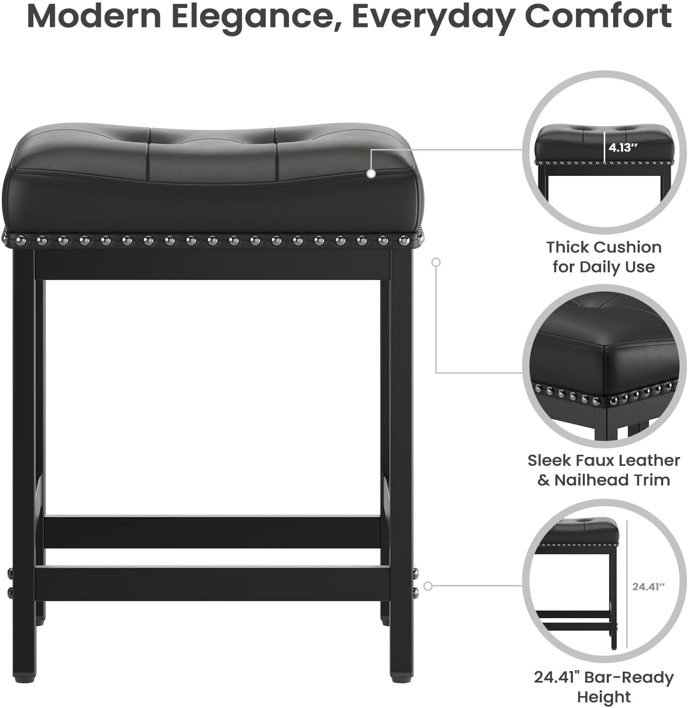 MALOL Set of 4 Saddle Bar Stools Counter Height 24.4”, Backless Barstools for Kitchen Island, Modern PU Leather Cushioned Seat, Bar Chairs for Kitchen Counter, Breakfast Bar Stools for Home,Black