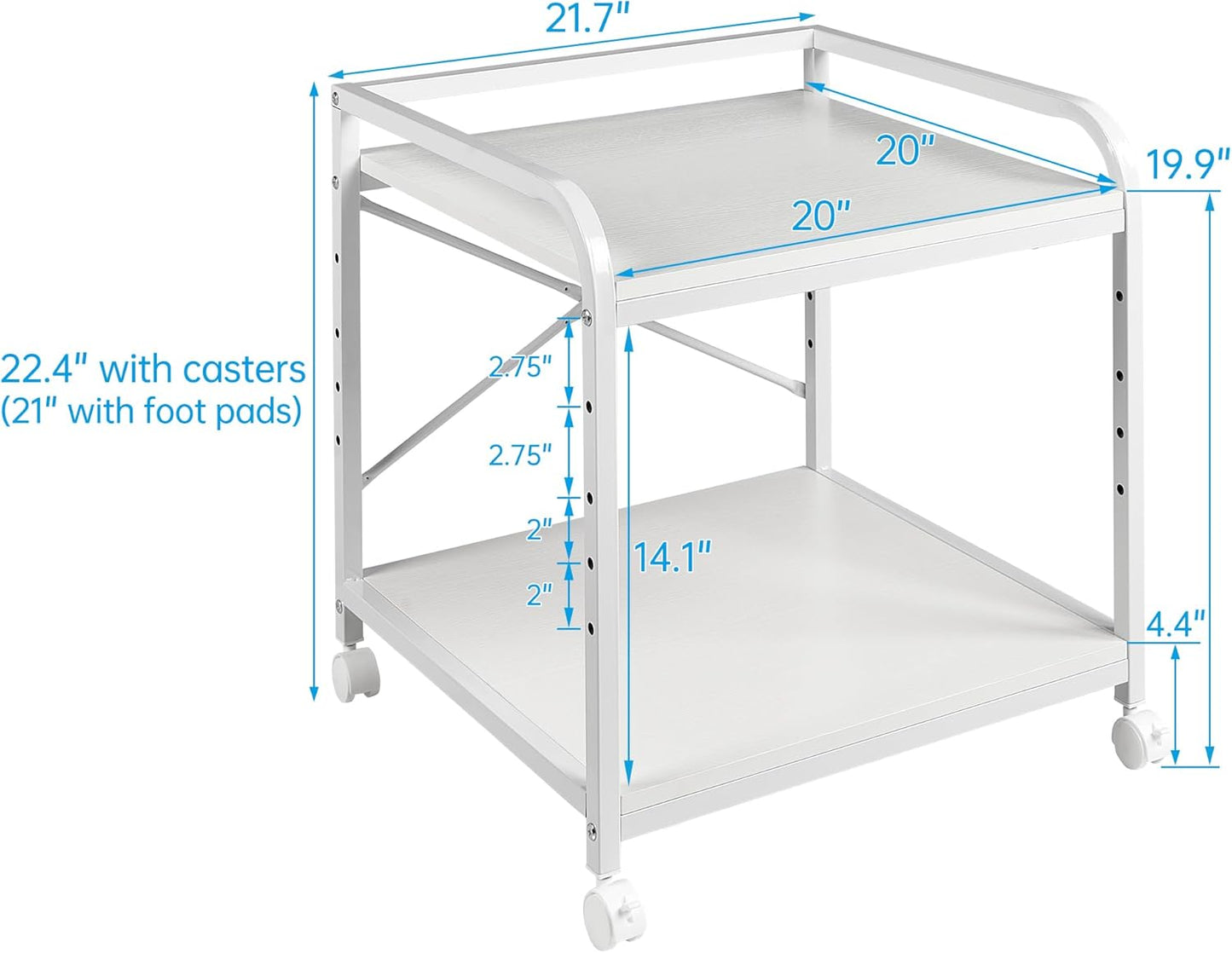20 Inches Deep Large Printer Stand, 2 Tier Under Desk Printer Table with Height Adjustable Shelf, Rolling Printer Cart with Wheels for Home Office Storage - White