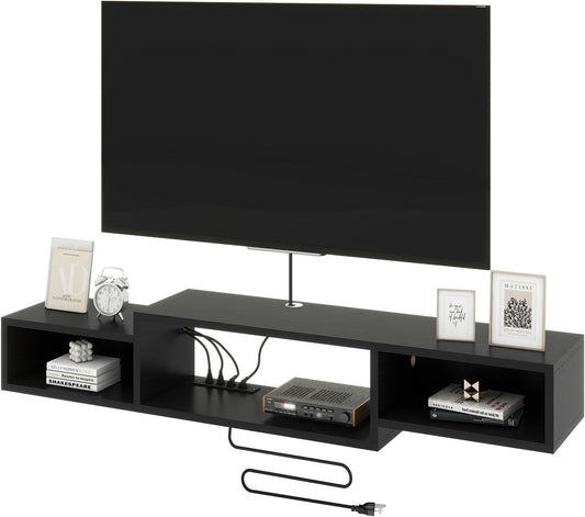 IBUYKE 59" Floating TV Stand Wall Mounted with Power Outlet,Wood Wall Mounted Media Console Shelf,Floating Entertainment Center for Under TV Storage for Living Room Bedroom Office,Black WST007B