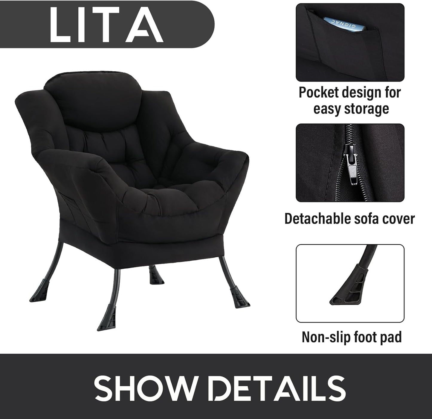LITA Lazy Chair with Ottoman, Modern Accent Leisure Upholstered Sofa, Contemporary Lounge Reading Chair with Armrests and a Side Pocket for Living Room, Bedroom & Small Space, Single Black