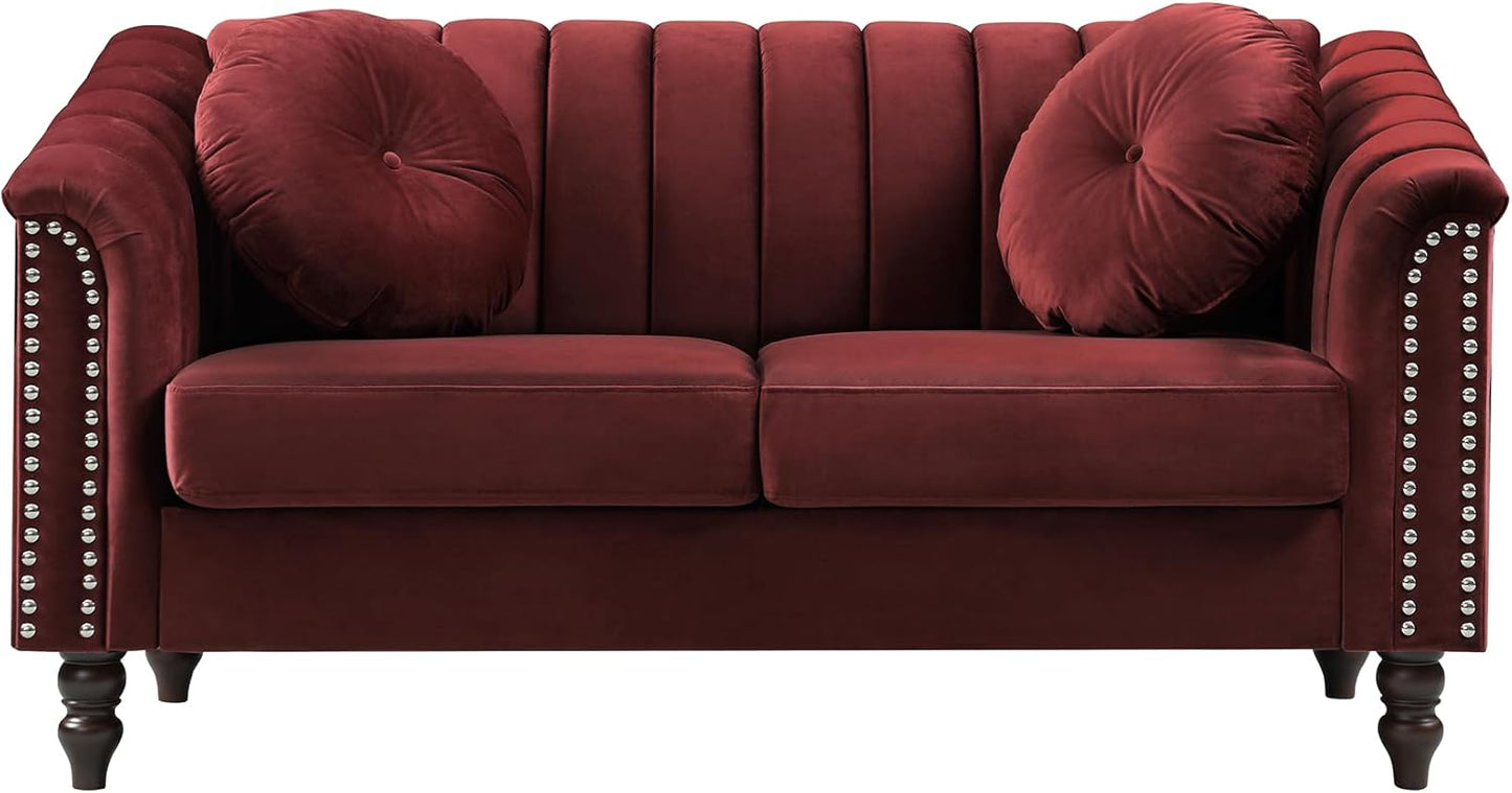 60" Loveseat Sofa, Microfiber Chesterfield Upholstered Sofas Love Seat, Couch Chair Sets with Style Button Tufted, Scroll Arms and Nailhead for Living Room, Office, Apartment-Red