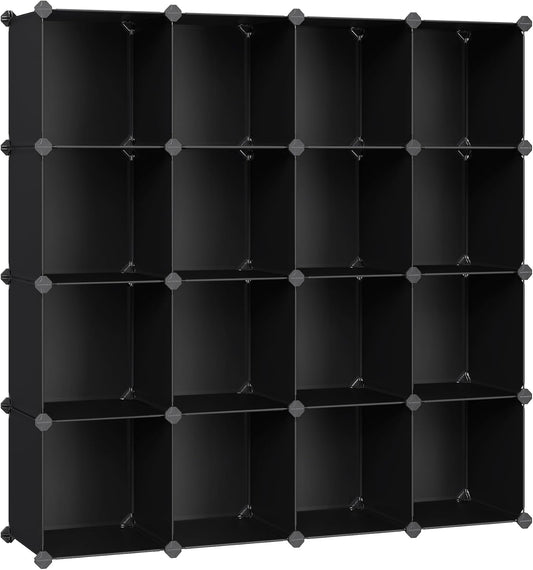 SONGMICS Cube Storage Organizer, Set of 16 Plastic Cubes, Closet Organizers and Storage, Room Organization, Bedroom Living Room, 12.2 x 48.4 x 48.4 Inches, Black ULPC44BK