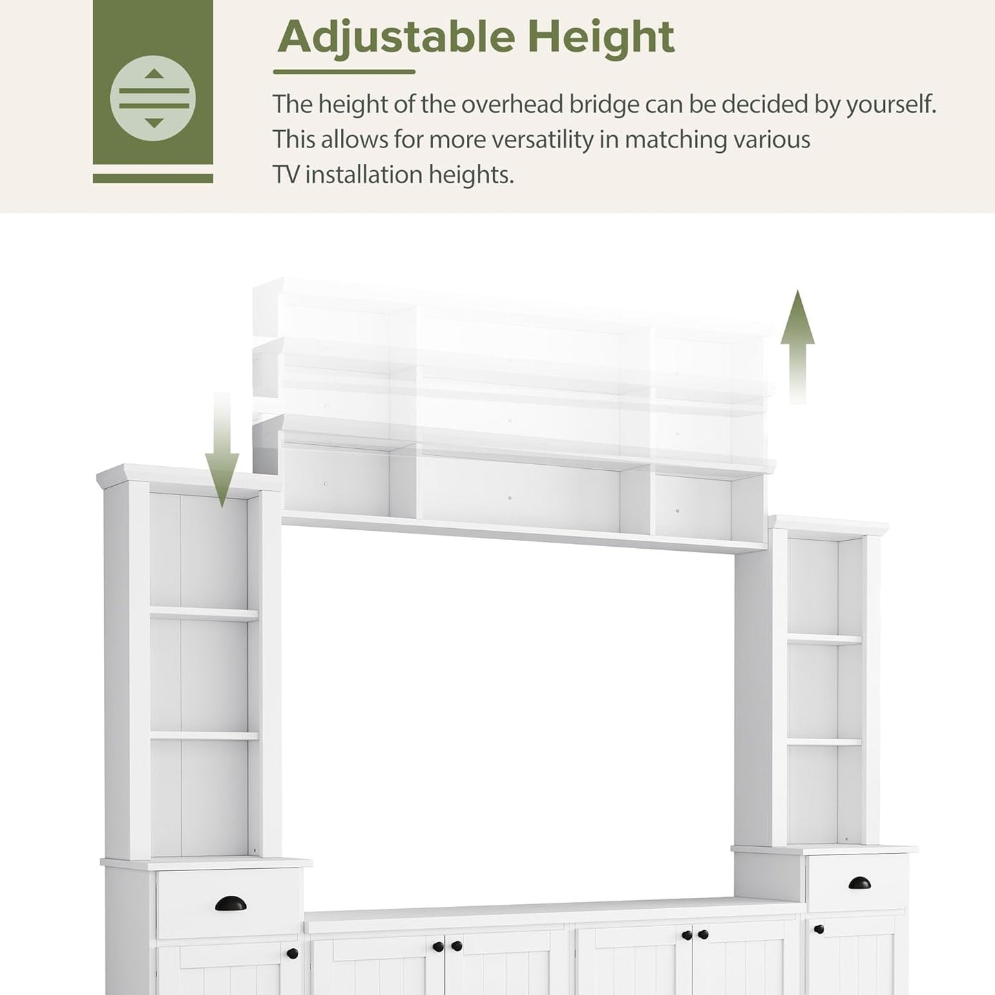 Merax Modern TV Stand Set w/Adjustable Bridge, Storage Media Console & Wall Units - Minimalist Entertainment Center for Living Room, White