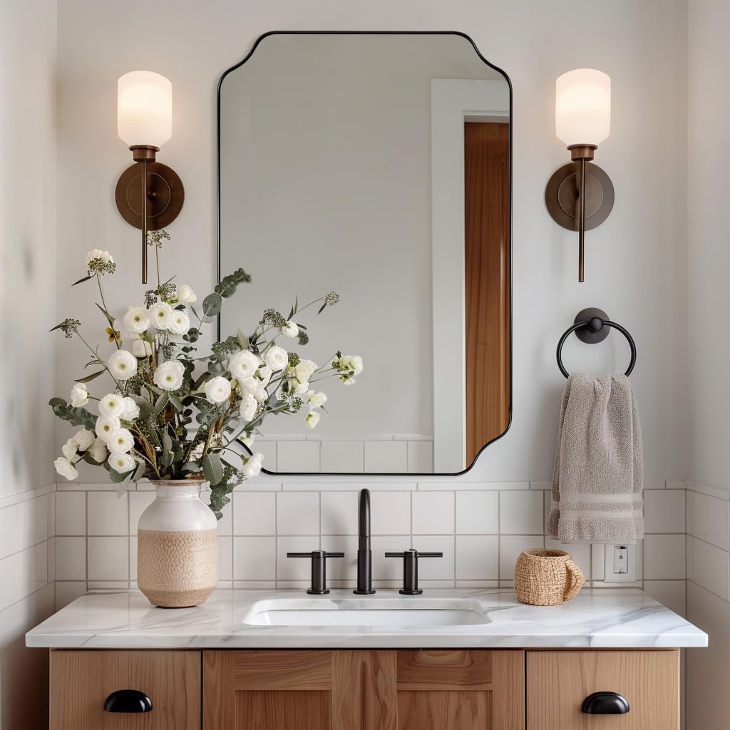 ANDY STAR Bathroom Vanity Mirror, 24x36 Inch Matte Black Mirror, Modern Rectangle Mirrors for Bathroom, Asymmetrical Wall Mirror with Scalloped Round Corner