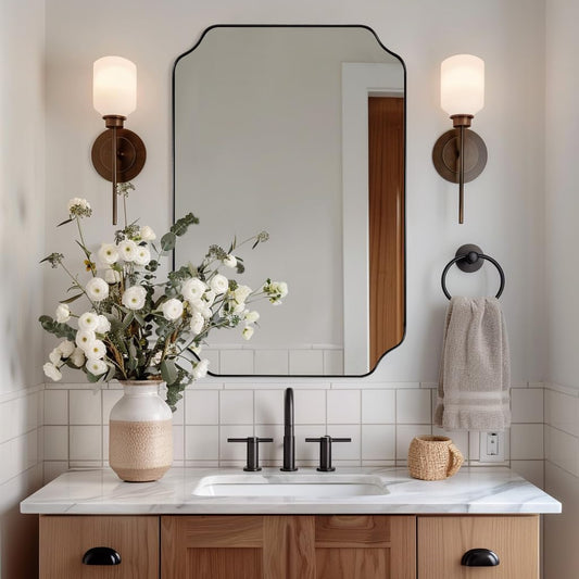 ANDY STAR Bathroom Vanity Mirror, 24x36 Inch Matte Black Mirror, Modern Rectangle Mirrors for Bathroom, Asymmetrical Wall Mirror with Scalloped Round Corner