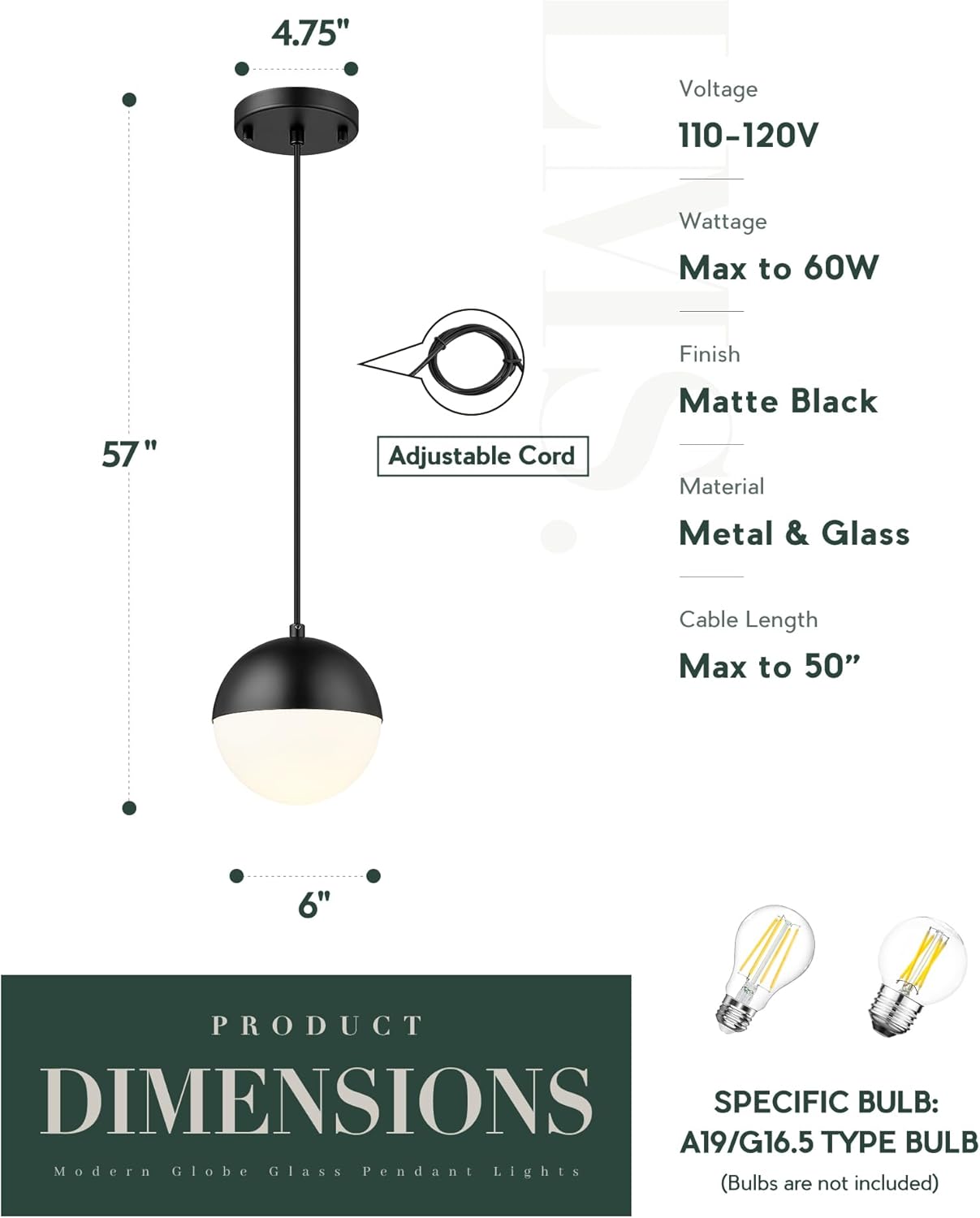 LMS 6-inch Mid Century Pendant Light, Matte Black Pendant Light Fixtures with White Globe Glass, Adjustable Hanging Ceiling Light Fixtures for Dining Room Living Room Bedroom, LMS-186BKS
