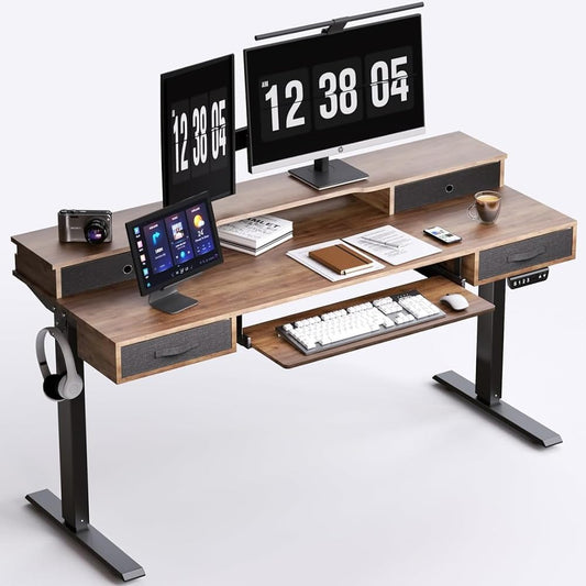 Electric Standing Desk, 55" Standing Desk Adjustable Height, Adjustable Desk with 4 Drawers, Ergonomic Adjustable Sit Stand Desk with Keyboard Tray, Rustic Brown