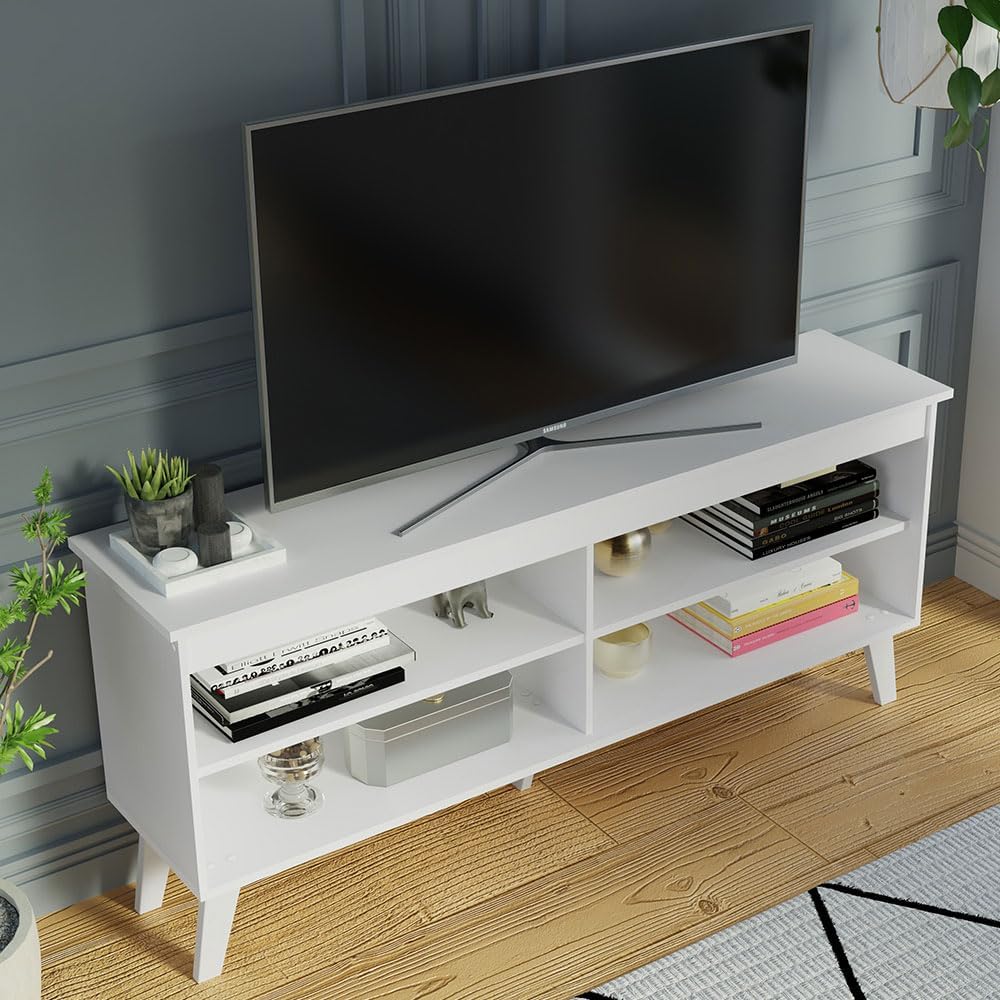 Madesa Compact TV Stand Cabinet with 4 Shelves and Cable Management for 50, 55 Inch TV Media Storage Unit Living Room and Bedroom Modern Wooden Television Media Console - White