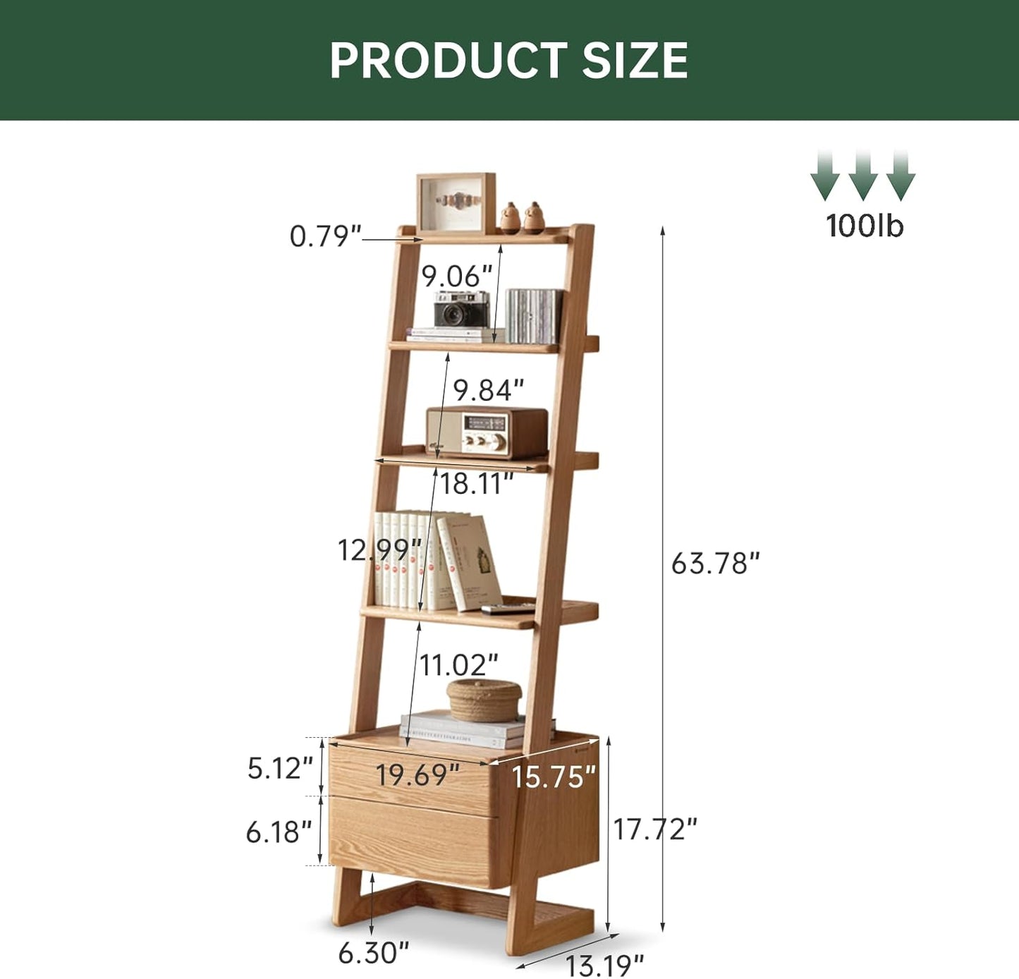 100% Solid Wood 5 Tier Ladder Shelf, Narrow Ladder Bookshelf with Drawers, 63.78" Tall Wood Bookcase Storage Rack Organizer, Freestanding Storage Shelve for Living Room Bedroom