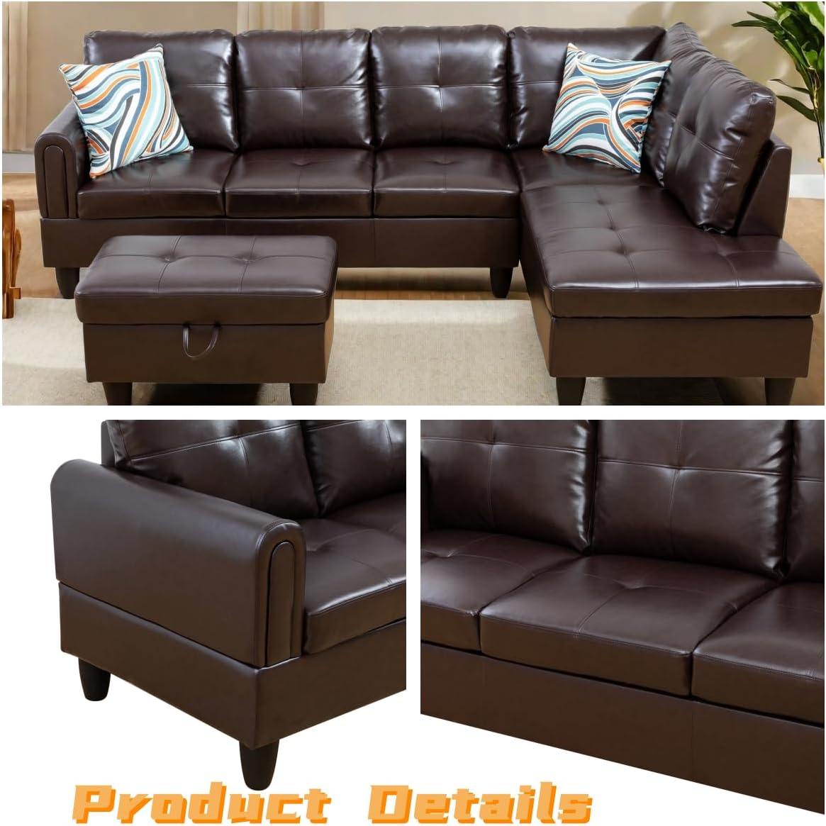 L Shaped Sectional Couch with Otttoman, 97" Leather Sectional Sofa for Living Room Modular Couches with Cup Holders for Bedroom, Apartments, Brown