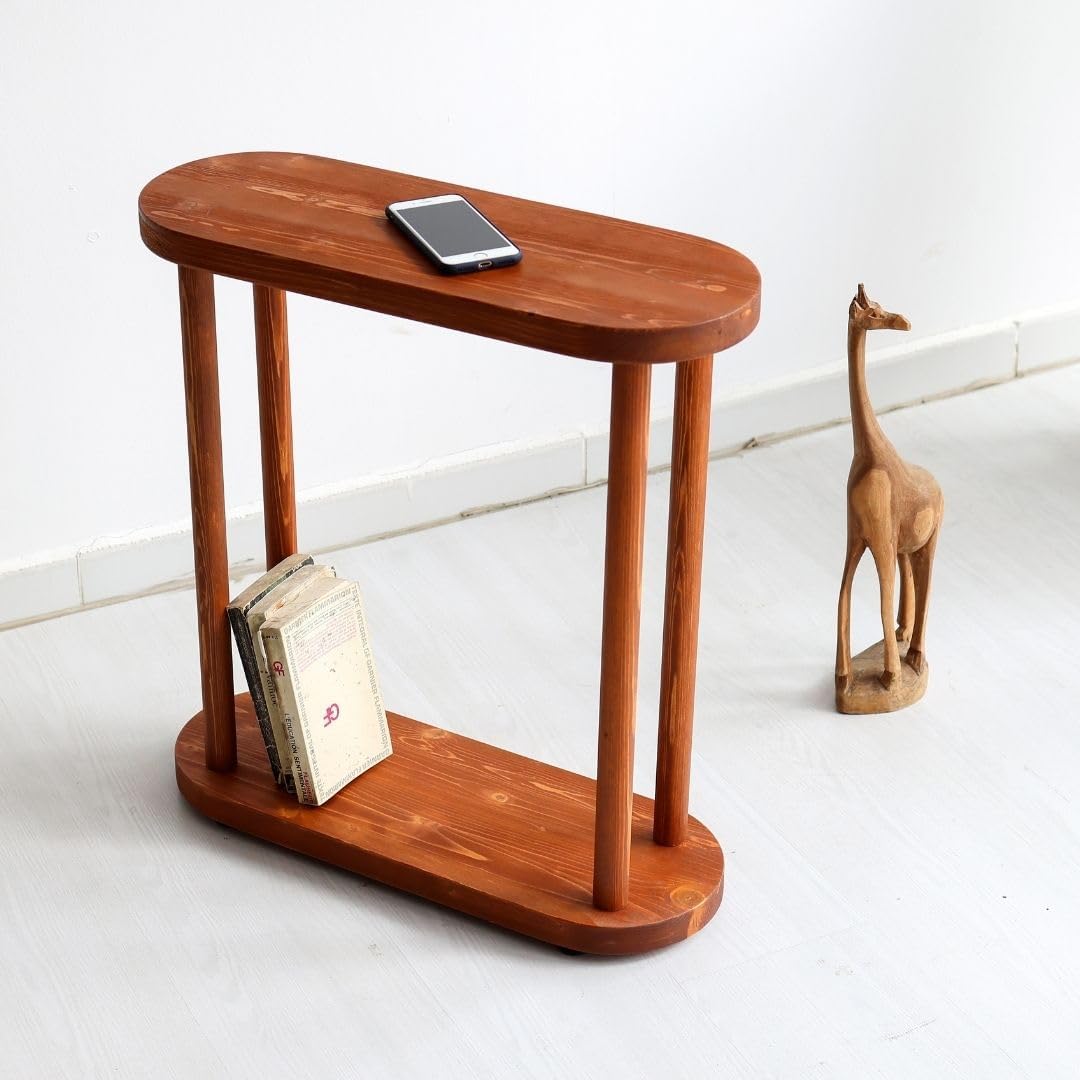 Oval Solid Wood Narrow Side Table, Slim End Table, Small Coffee Table (Chestnut, Large)