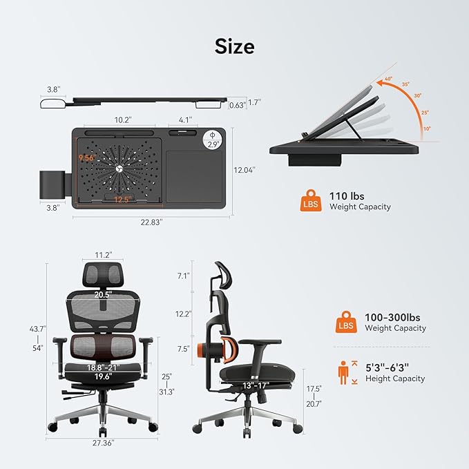 Newtral Office Chair Ergonomic - Home Office Desk Chair, Back Pain Chair with Auto-Following Lumbar Support, 4D Armrest, Seat Depth and Height Adjustable (Foot Rest + Laptop Tray, Black)