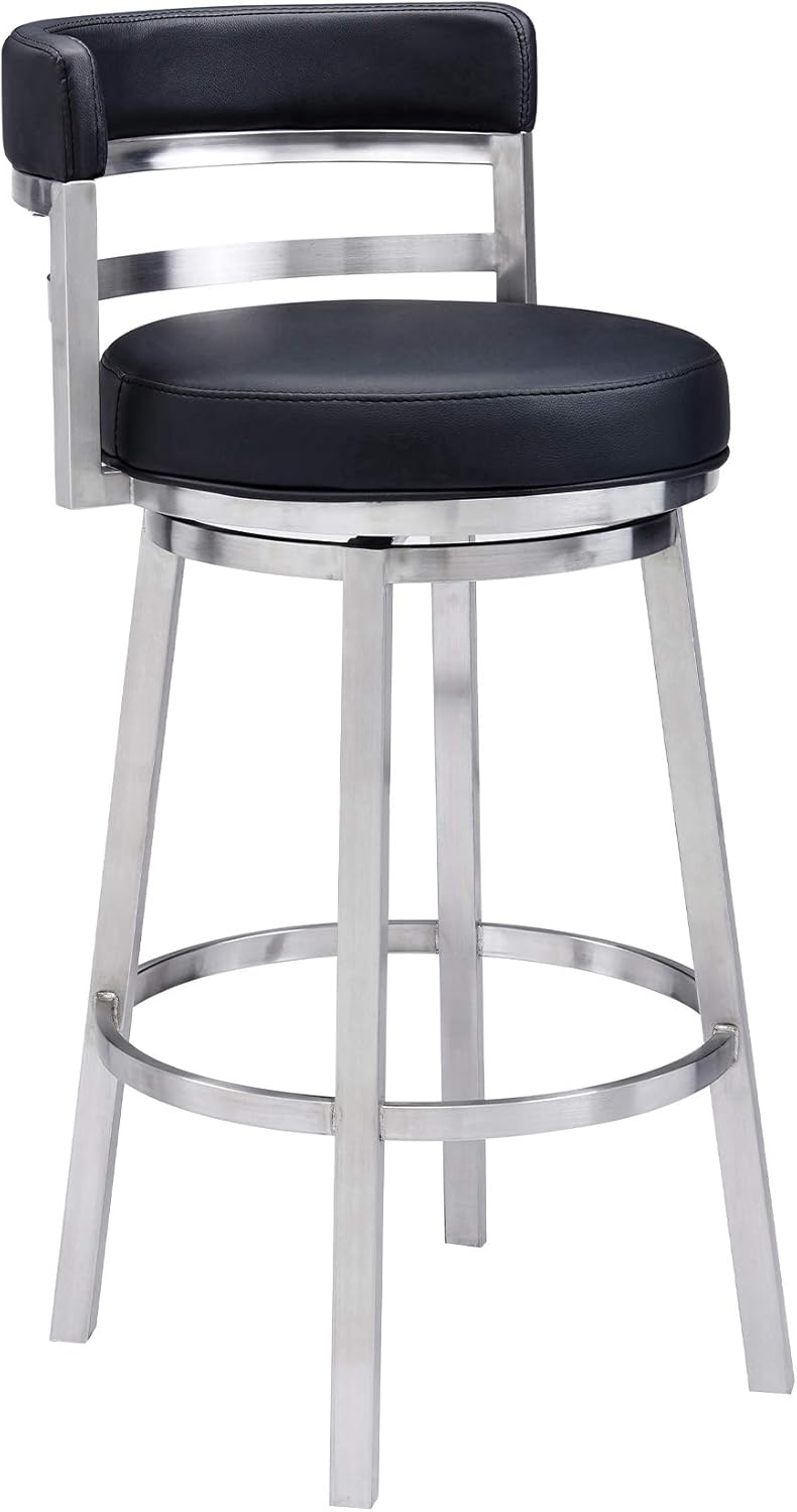 Armen Living Madrid 26" Seat Height Swivel Modern Black Faux Leather and Brushed Stainless Steel Bar Stool for Kitchen Island Counter
