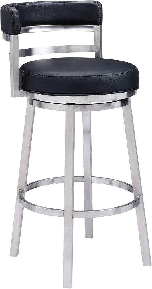 Armen Living Titana 26" Counter Height Swivel Black Faux Leather and Brushed Stainless Steel Bar Stool