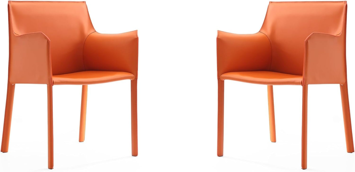 Manhattan Comfort Paris Modern Saddle Leather Dining Chairs, Metal Frame, Comfortable Padded Seat, Fully Assembled Armchair Accent Furniture, Set of 2, Coral