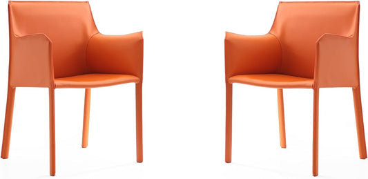 Manhattan Comfort Paris Modern Saddle Leather Dining Chairs, Metal Frame, Comfortable Padded Seat, Fully Assembled Armchair Accent Furniture, Set of 2, Coral