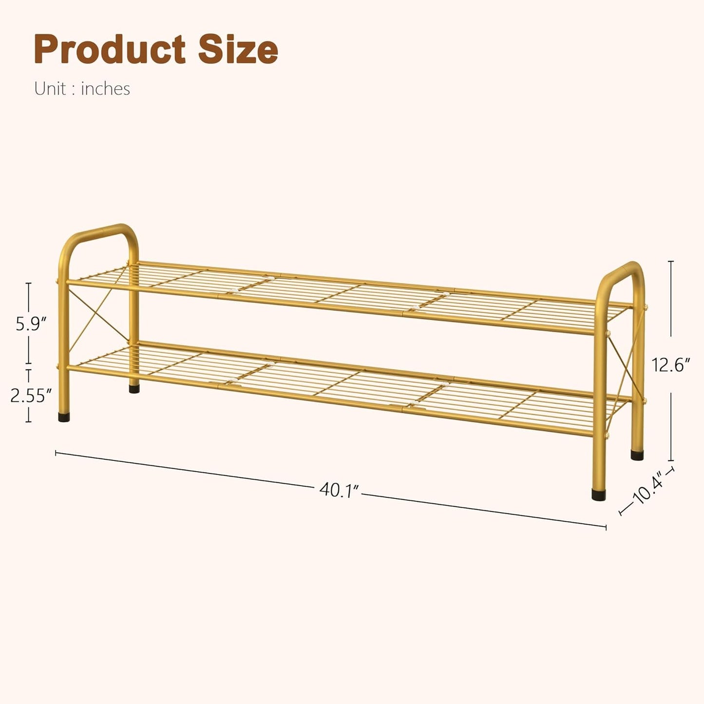 Hoctieon 2 Tier Shoe Rack for Closet, Durable Mesh Style Shoe Rack, Entryway Shoe Shelf, Shoe Storage Organizer for Hallway, Bedroom, Living Room, Wardrobe, Gold