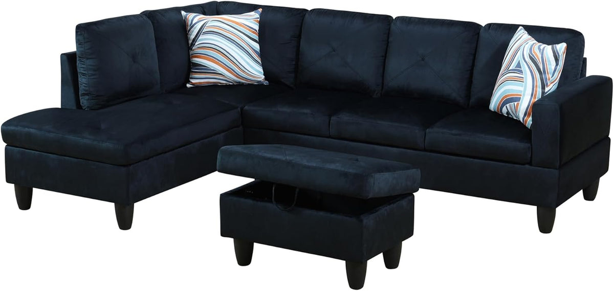 L Shaped Couch Modern Sectional Couch Upholstered Microfiber Fabric 3 Pieces Sofas for Living Room with Chaise, Storage Ottoman for Office and Small Apartment, Midnight Blue