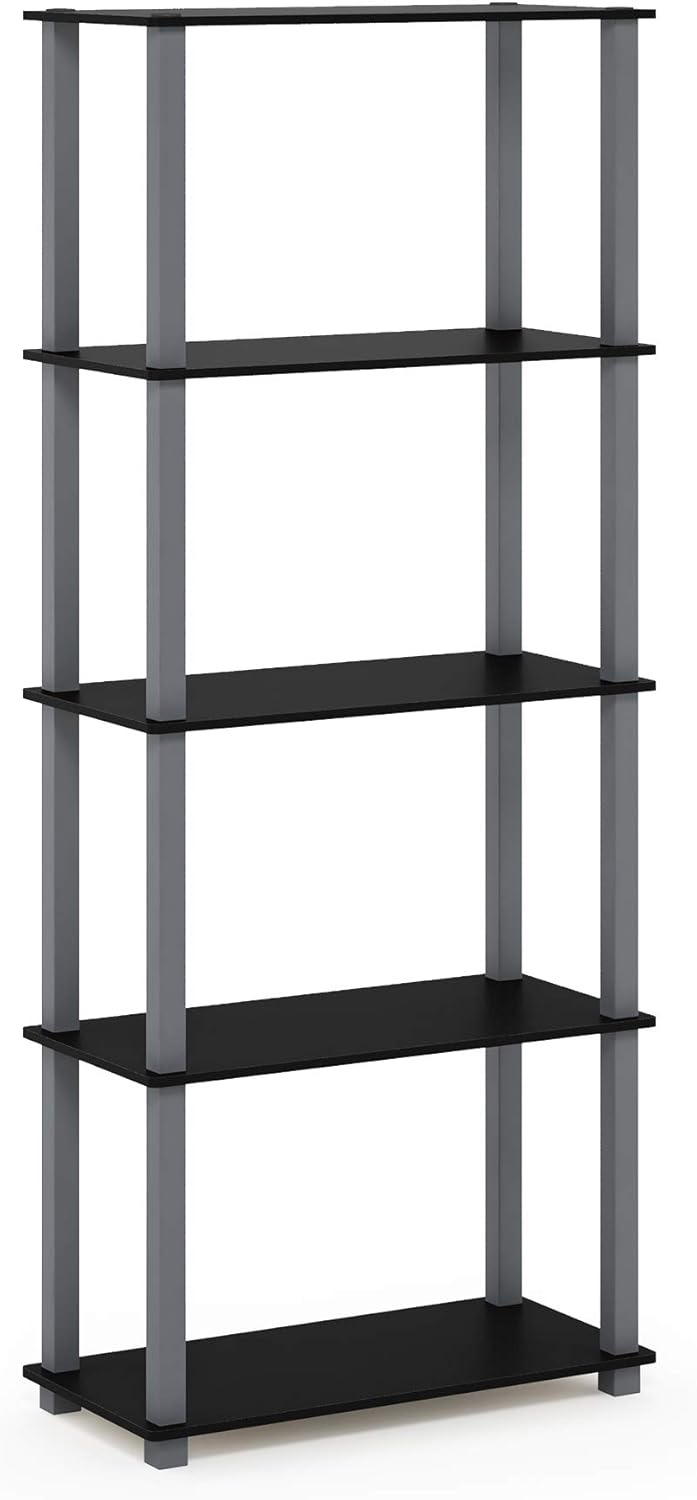 Furinno Turn-N-Tube 5-Tier Multipurpose Shelf / Display Rack / Storage Shelf / Bookshelf, Square Tubes, Black/Grey