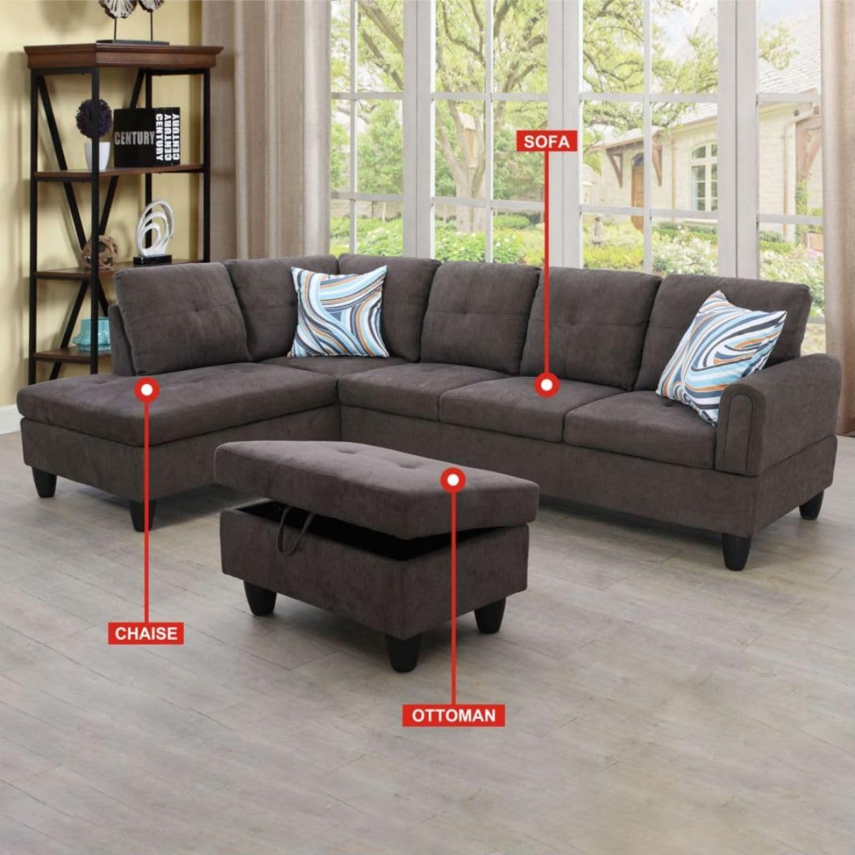 Dark Brown L-Shaped 3-Piece Flannel Sofa with Storage Ottoman Set, Sectional Couch Sofa Set for Living Room, Office, Small Space