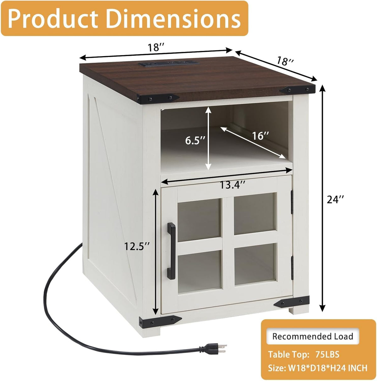 Farmhouse Nightstand with Charging Station, Rustic End Table with Tempered Glass Barn Door, Wood Sofa Side Bedside Table with Open Storage Shelf for Living Room, Bedroom, White, 2 Pack