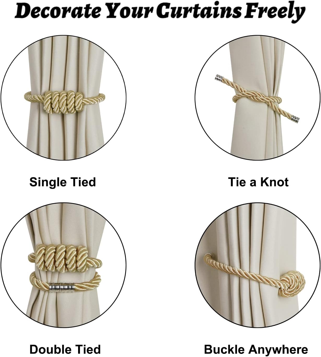 BEL AVENIR Magnetic Curtain Tiebacks, Decorative Drapery Holdbacks Modern Woven Tie-Backs with Exquisite Knot (Gold, 6 Pack)