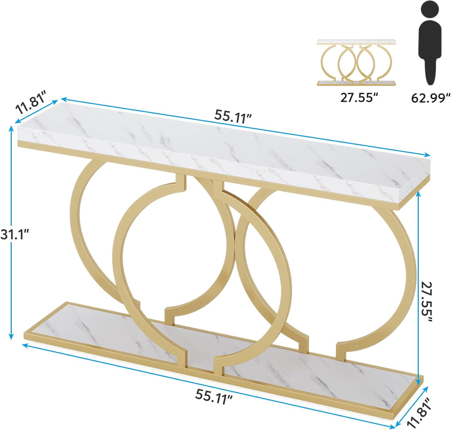 LITTLE TREE 55 inch Faux Marble Gold Console Table Modern Entryway Table Narrow Long Sofa Table Accent Table for Living Room, White and Gold