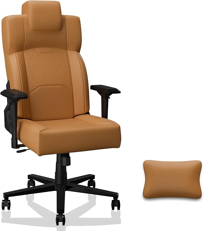 Gaming Chair Big and Tall for Adults,Ergonomic Comfortable Wide Office Chair with Lumbar Support,Desk Computer Chair High Back 155° Recline with Angle Lock,PU,Yellow Brown