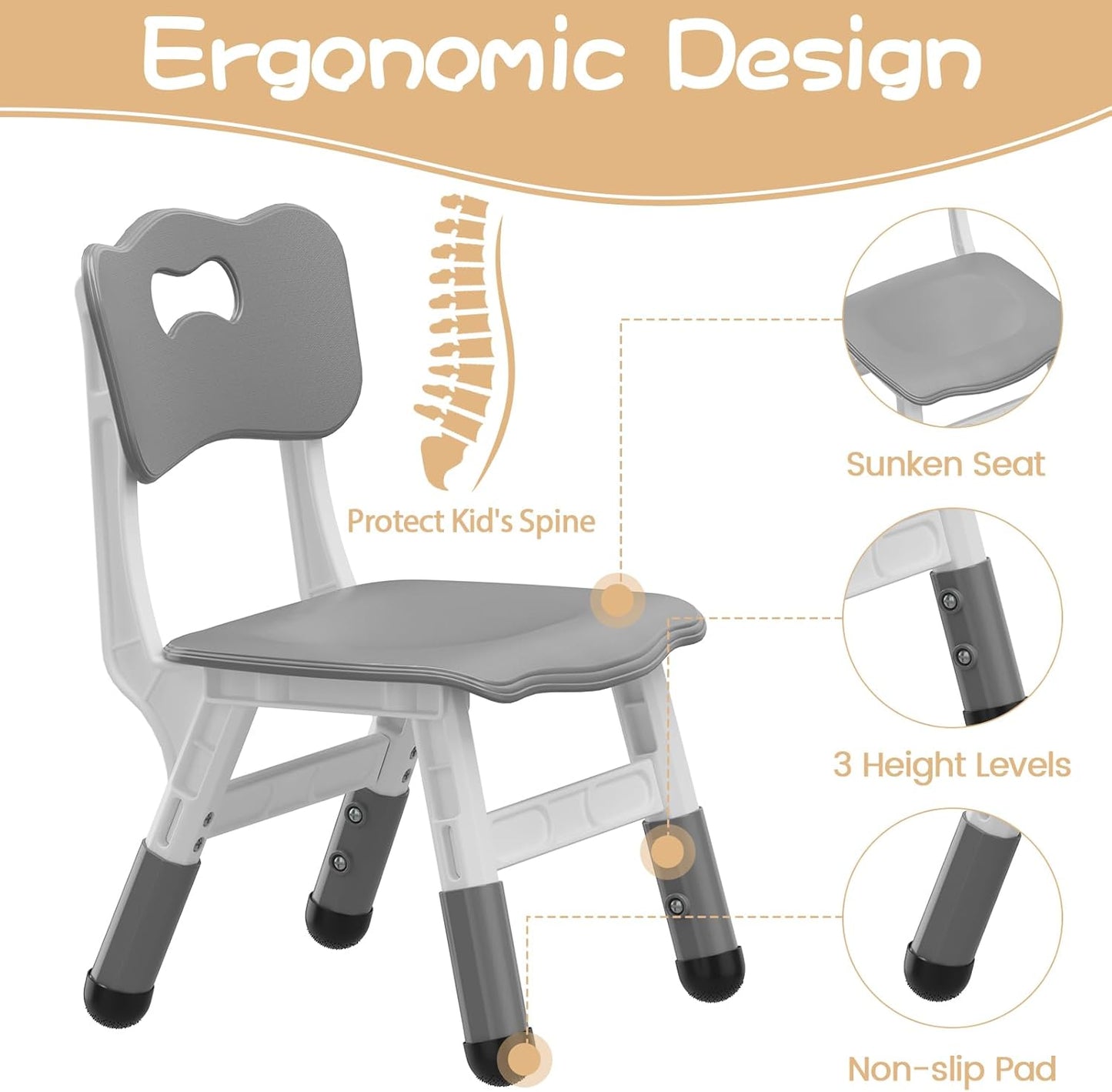 GarveeHome Kids Table and 4 Chairs Set, Height Adjustable Toddler Table and Chair Set for 4, Graffiti Desktop, Non-Slip Children Table for Home Daycare Preschool for Ages 2-8, Grey
