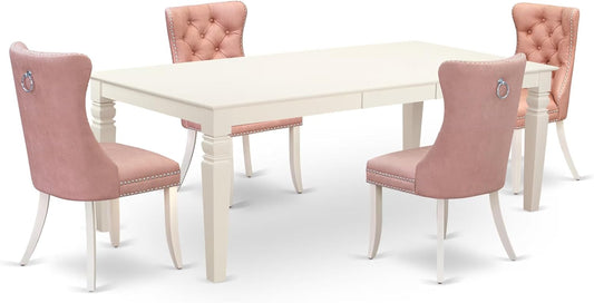 East West Furniture LGDA5-LWH-23 5 Piece Dining Set Contains a Rectangle Kitchen Table with Butterfly Leaf and 4 Polyester Fabric Upholstered Chairs, linen white