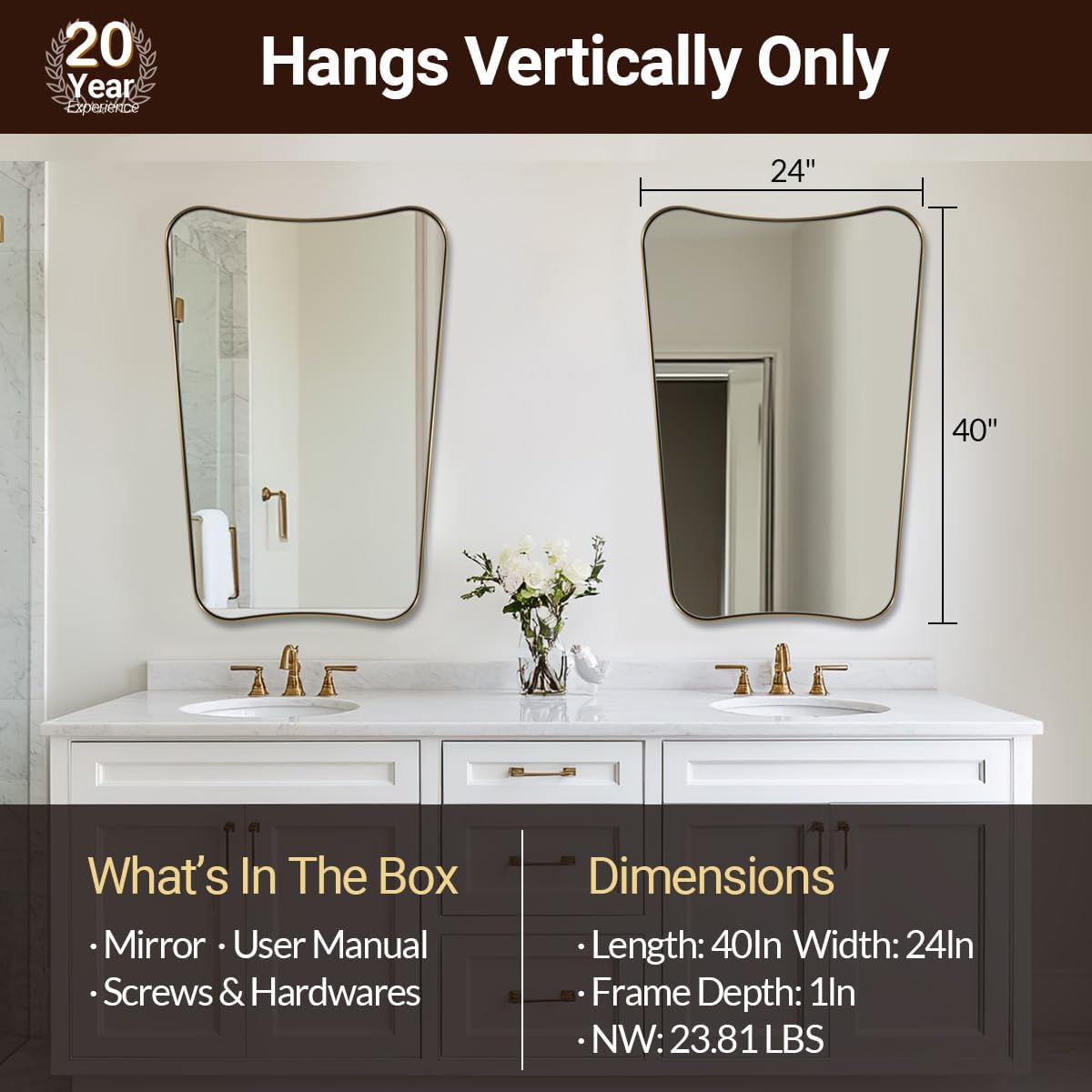 ANDY STAR 24x40 Inch Mirror, Brushed Gold Bathroom Mirror for Over Sink, Large Decorative Wall Mirror with Stainless Steel Frame, Anti-Rust, Italian Luxury Style Home Decor