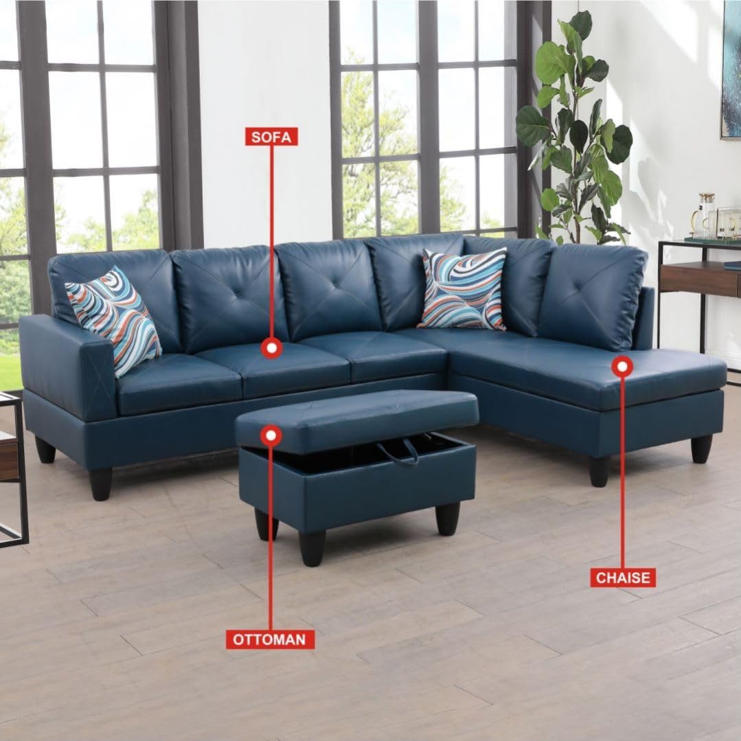 Deep Blue L-Shaped 3-Piece Faux Leather Sofa with Storage Ottoman Set, Sectional Couch Sofa Set for Living Room, Office, Small Space