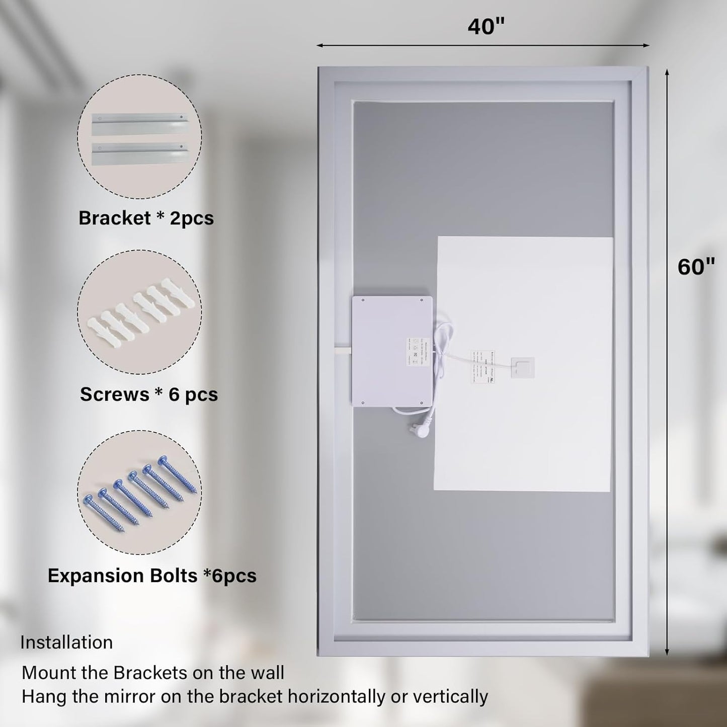 40"x 60"LED Bathroom Mirror, Backlit + Front Lit, LED Bathroom Mirror with Lights for Wall, 3 Colors, Anti-Fog, Dimmable Brightness, Memory Function, Tempered Glass