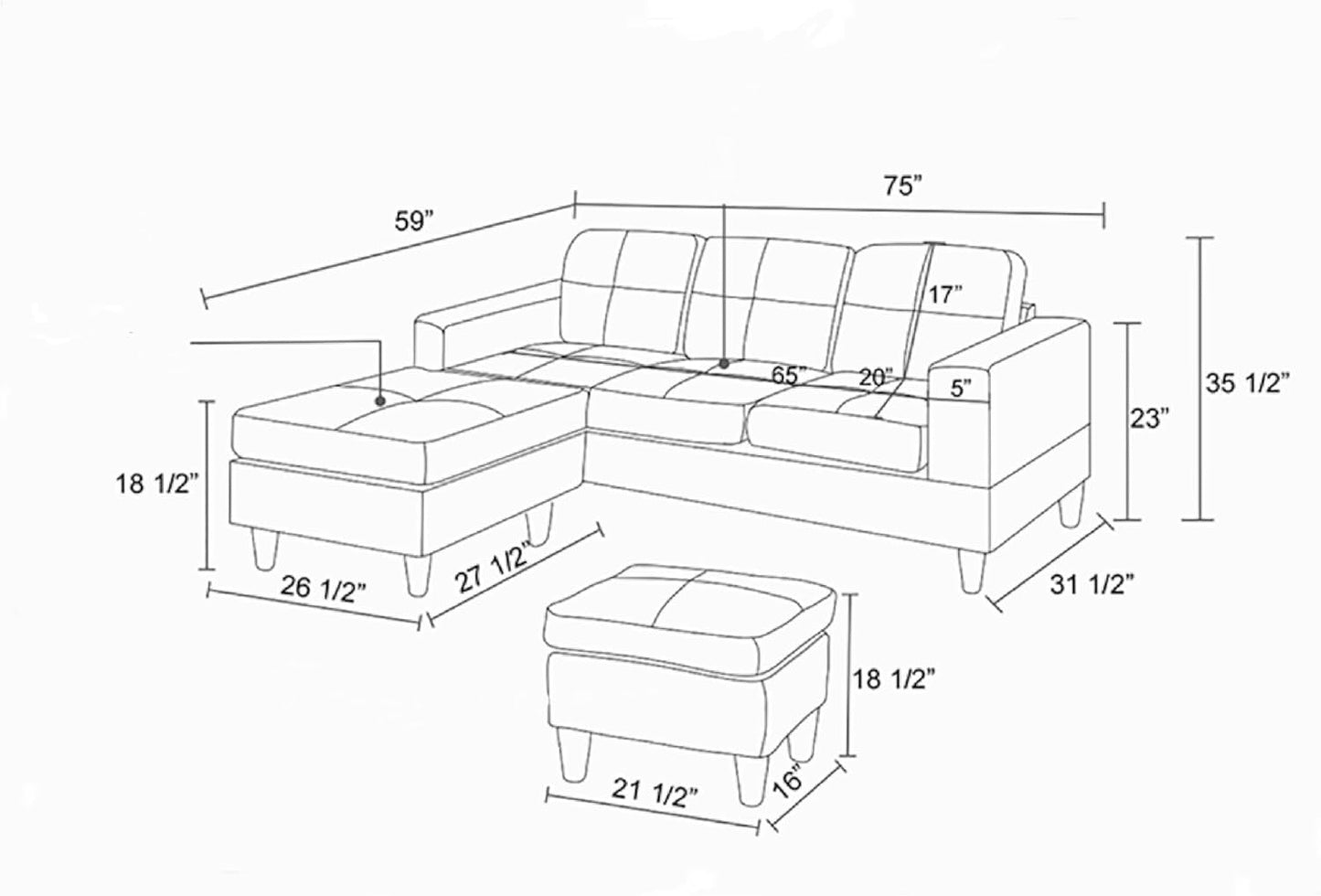 L Shaped Sofa with Ottoman, Modern Faux Leather Couch with Chaise, 3 Seat Living Room Sofa Set with Solid Wood, for Home, Apartment, Study Room, Brown Grey