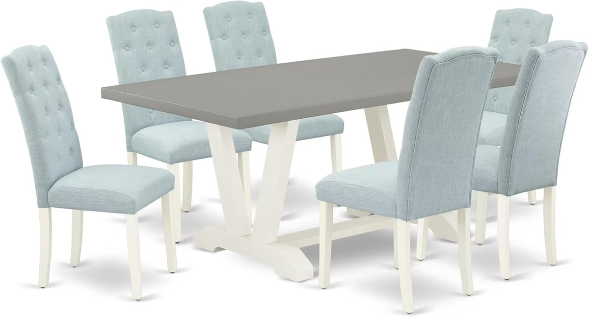 East West Furniture V097CE215-7 7 Piece Kitchen Table Set Consist of a Rectangle Dining Table with V-Legs and 6 Baby Blue Linen Fabric Parson Dining Room Chairs, 40x72 Inch, Multi-Color
