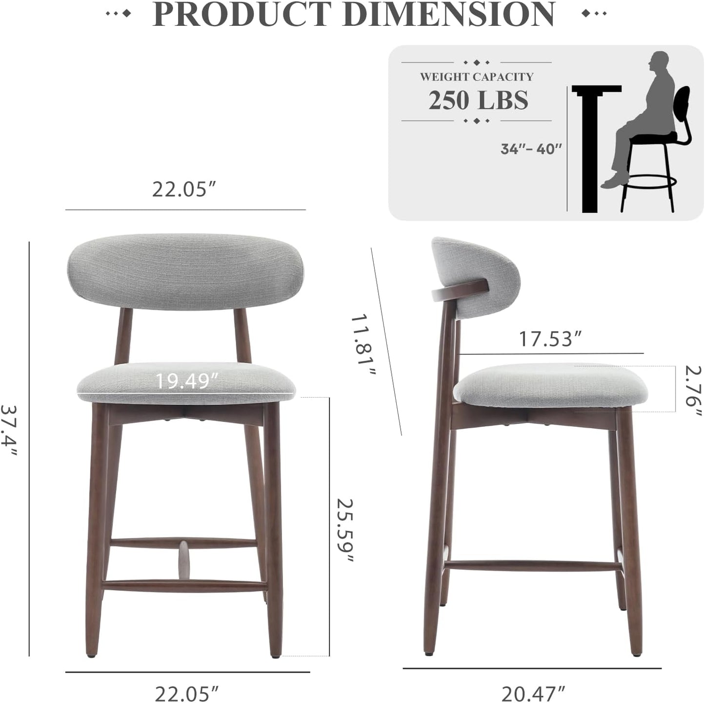COLAMY Bar Stools Set of 6, Counter Height Bar Stools, Wood Bar Stools with Back, Upholstered Wooden Barstools for Island Dining Room Bar, Light Grey