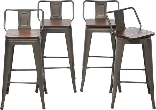 26 Inch Swivel Bar Stools Set of 4 with Backs Counter Height Industrial Metal Barstools Island Bar Chairs for Home Kitchen Dining Room (Swivel 26 inch,Rusty Wooden)